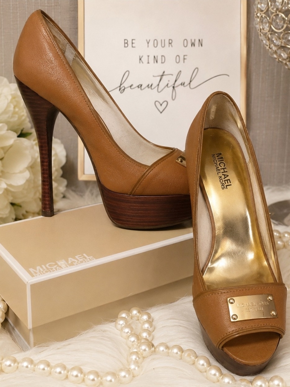 Michael Kors Cognac Leather Platform Peep-Toe Pumps